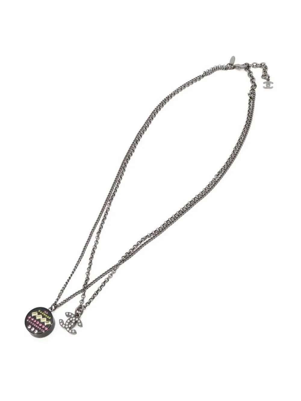 Chanel CC Logo Round Motif Double Chain Pendant Metal Rhinestone Black